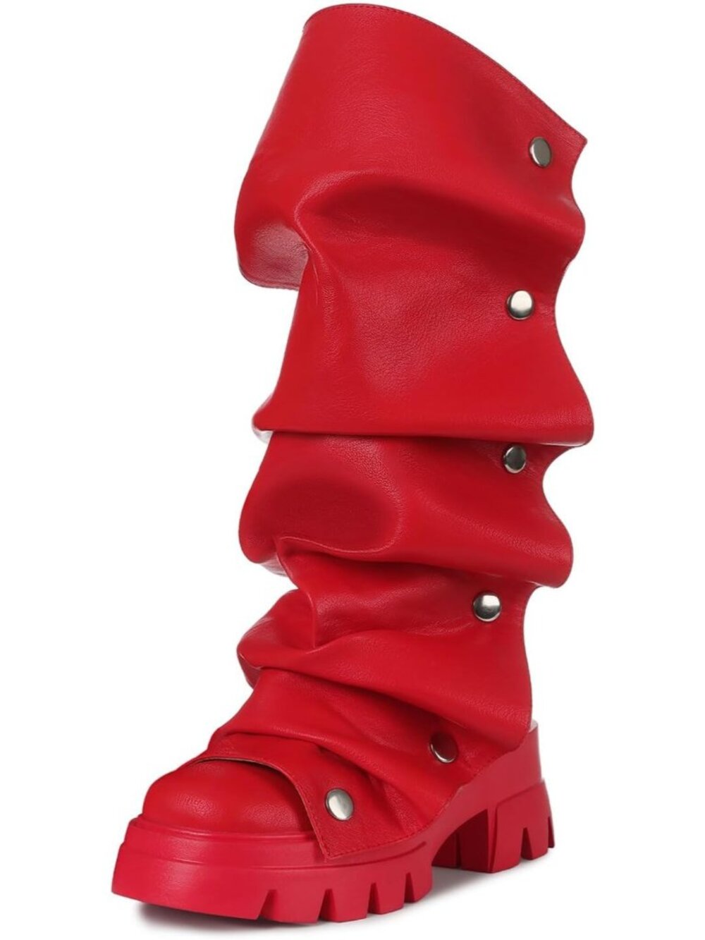 Women's Red Faux Leather Fold Over Slouchy Dress Chunky Stacked Round Toe Boots